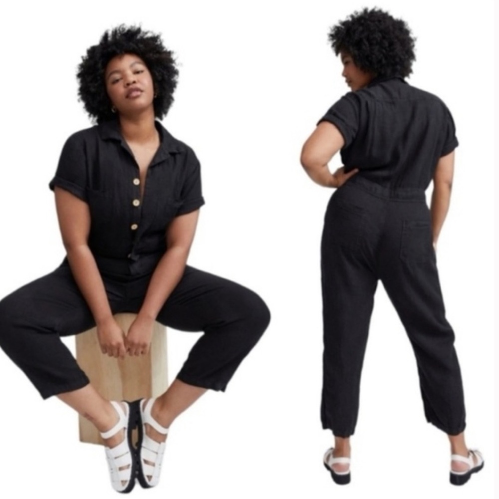 Mate the Label Linen Short Sleeve Jumpsuit in Jet Black